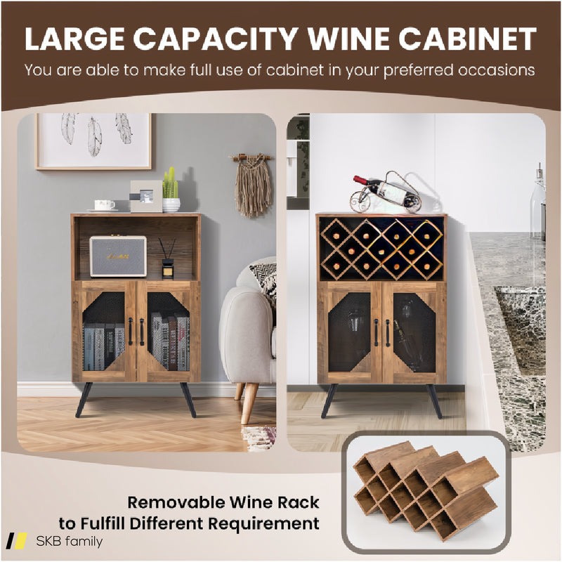 2-Door Farmhouse Kitchen Storage Bar Cabinet With Wine Rack And Glass Holder 240515-229072