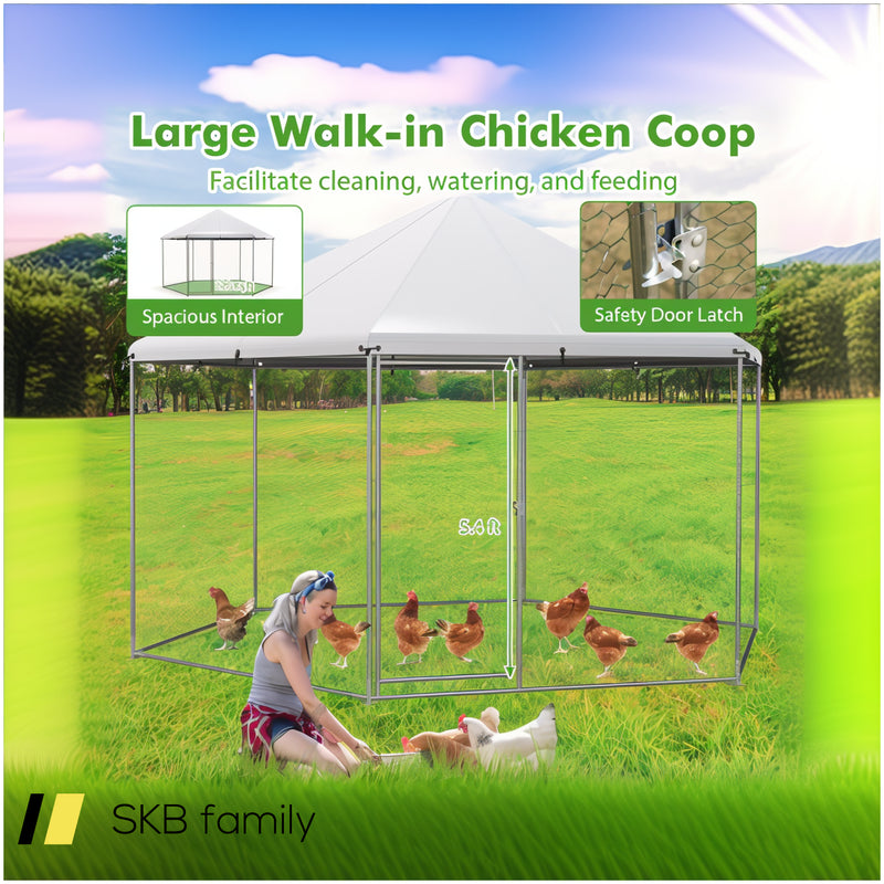 13ft Large Metal Hexagonal Chicken Coop With Wire Mesh And Lockable Door 240515-229095