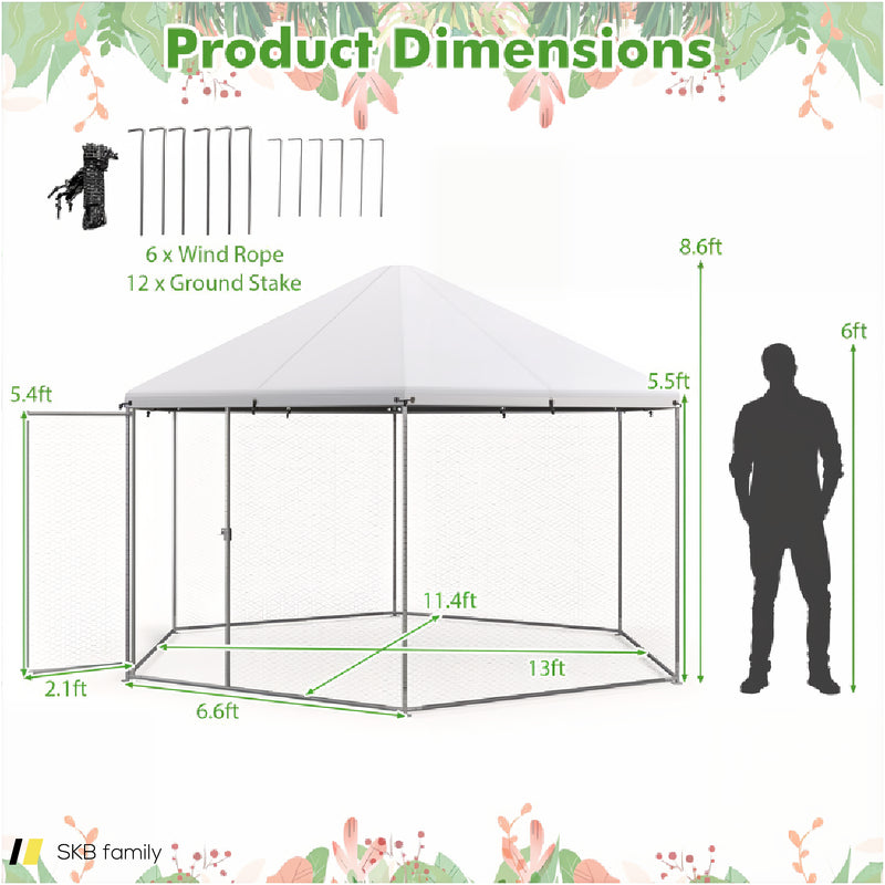 13ft Large Metal Hexagonal Chicken Coop With Wire Mesh And Lockable Door 240515-229095