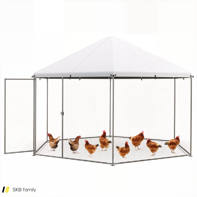 13ft Large Metal Hexagonal Chicken Coop With Wire Mesh And Lockable Door 240515-229095