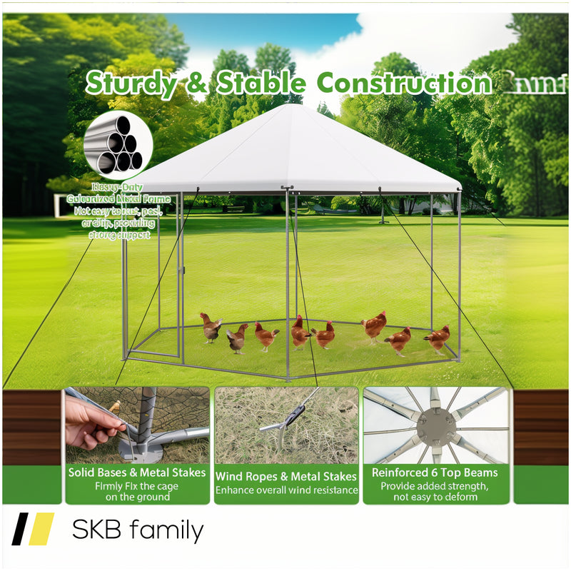 13ft Large Metal Hexagonal Chicken Coop With Wire Mesh And Lockable Door 240515-229095