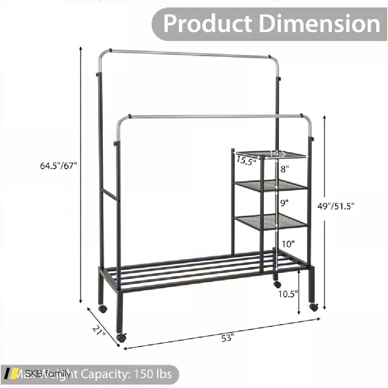 Rolling Double Rods Garment Rack With Height Adjustable Hanging Bars 240515-229100