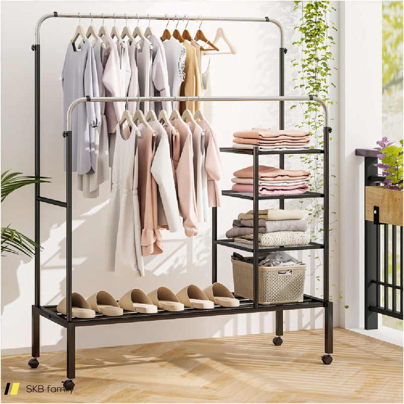 Rolling Double Rods Garment Rack With Height Adjustable Hanging Bars 240515-229100