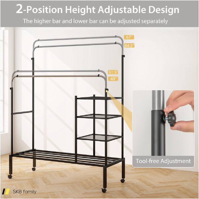 Rolling Double Rods Garment Rack With Height Adjustable Hanging Bars 240515-229100