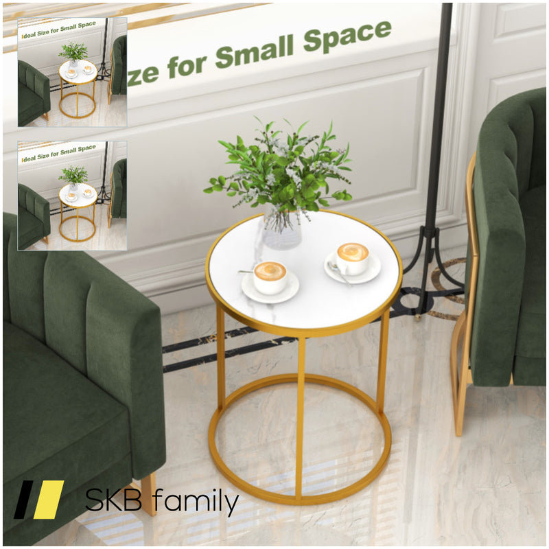 16 Inch Marble Top Round Side Table With Golden Metal Frame For Living Room Bedroom 240515-229111