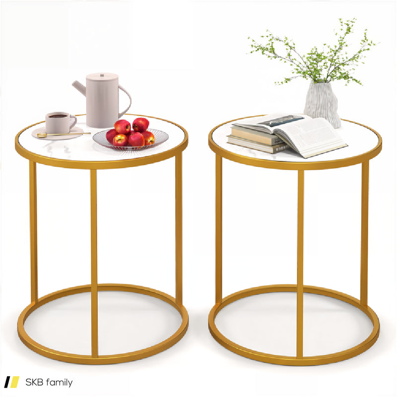 16 Inch Marble Top Round Side Table With Golden Metal Frame For Living Room Bedroom 240515-229111