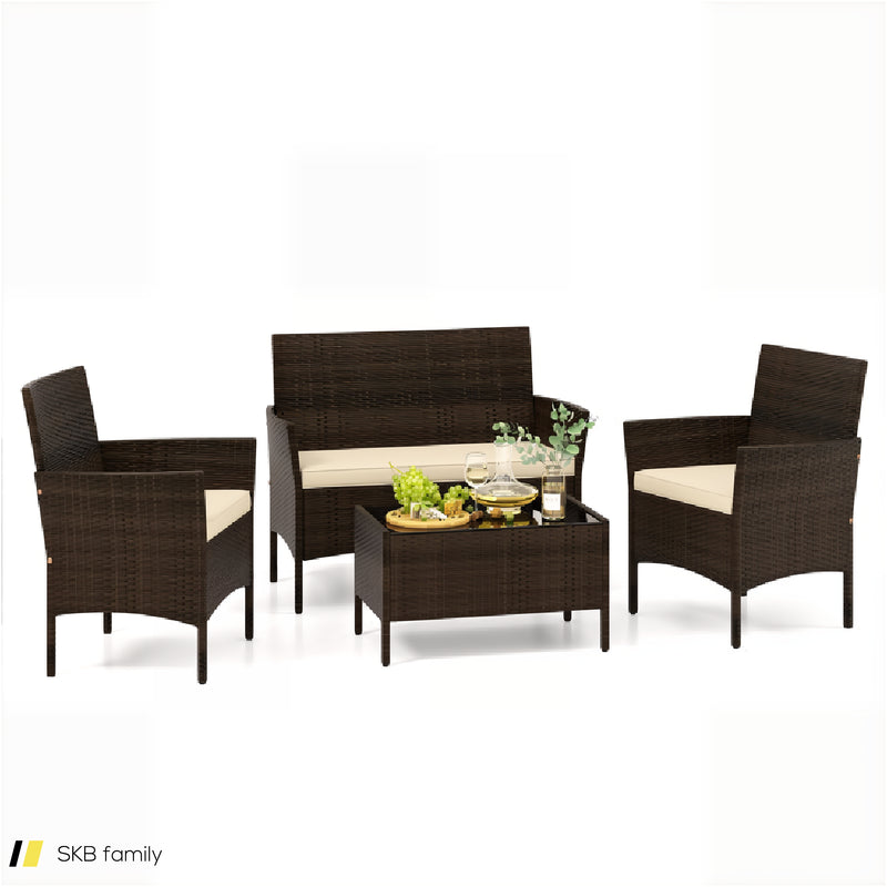 4 Piece Patio Rattan Conversation Set With Cozy Seat Cushions 240515-229124