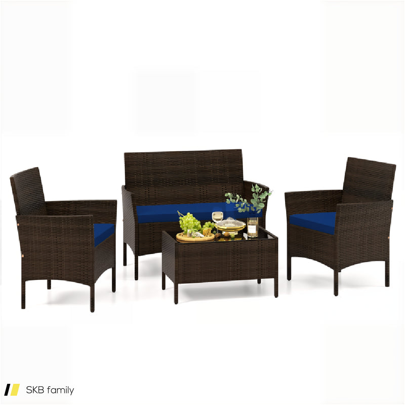 4 Piece Patio Rattan Conversation Set With Cozy Seat Cushions 240515-229124