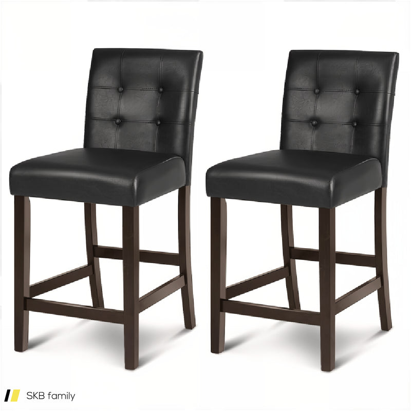 Set Of 2 Pvc Leather Bar Stools With Solid Wood Legs 240515-229126