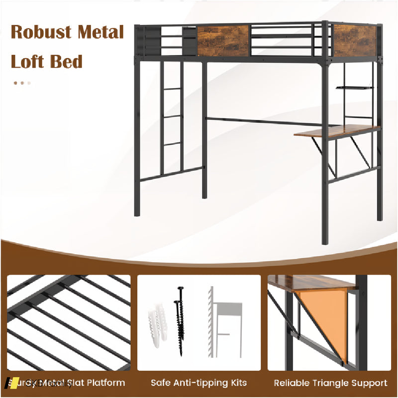 Twin Size Industrial Metal Loft Bed With Desk Storage Shelf And Build-In Ladder 240515-229163