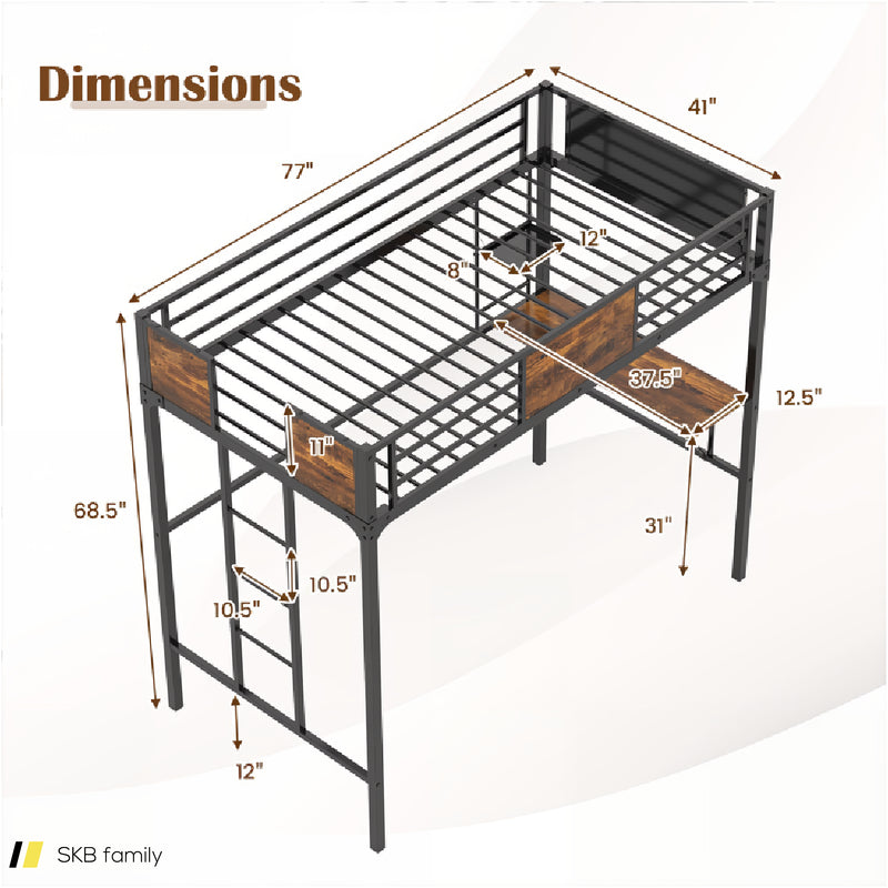 Twin Size Industrial Metal Loft Bed With Desk Storage Shelf And Build-In Ladder 240515-229163