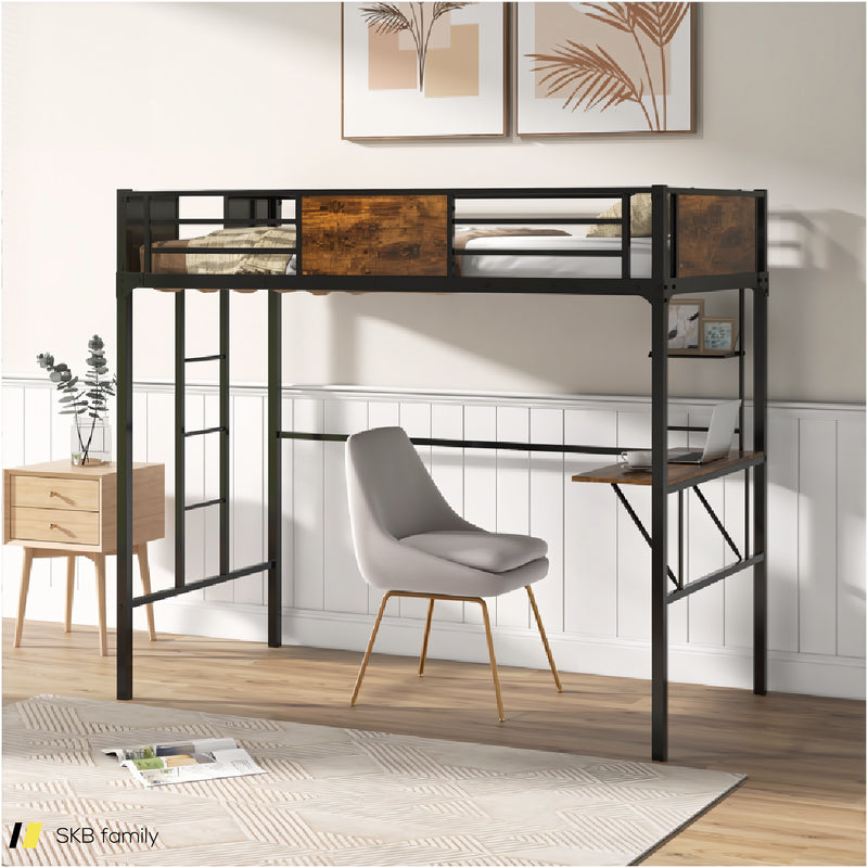 Twin Size Industrial Metal Loft Bed With Desk Storage Shelf And Build-In Ladder 240515-229163