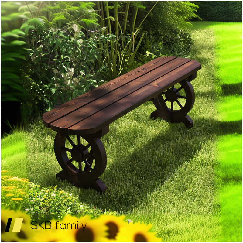 Patio Rustic Wood Bench With Wagon Wheel Base 240515-229175