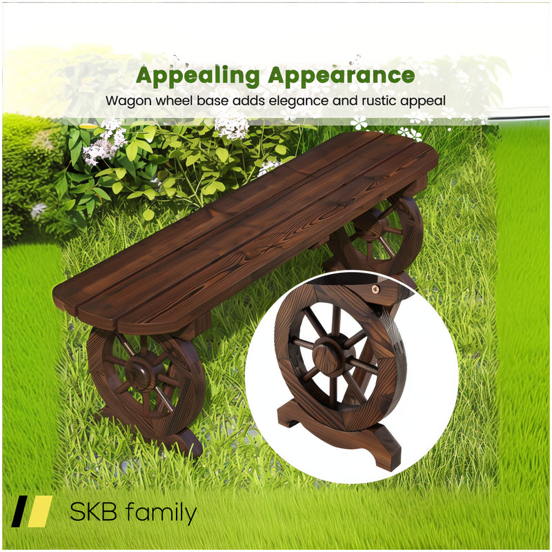 Patio Rustic Wood Bench With Wagon Wheel Base 240515-229175