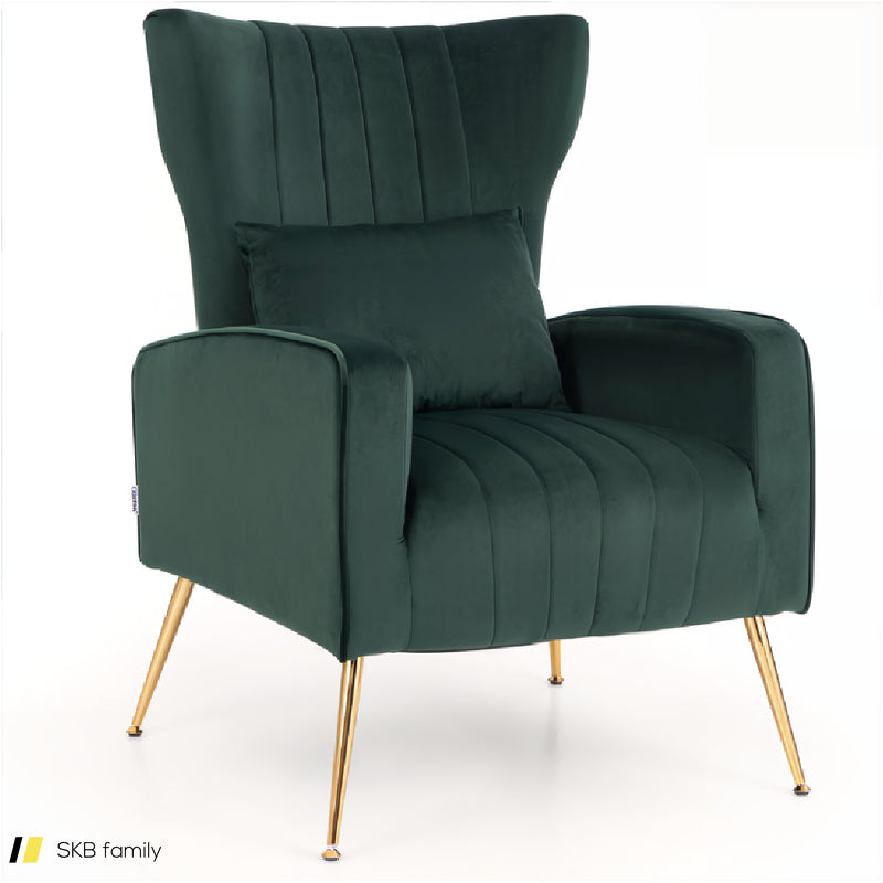 Velvet Upholstered Wingback Chair With Lumbar Pillow And Golden Metal Legs 240515-229177