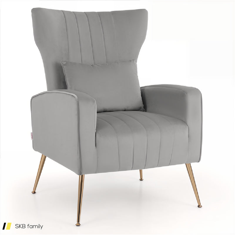 Velvet Upholstered Wingback Chair With Lumbar Pillow And Golden Metal Legs 240515-229177