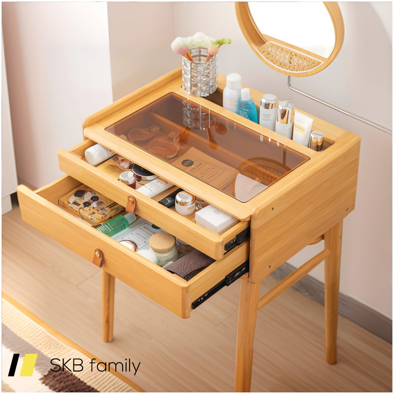 Bamboo Makeup Vanity Table With Stool And Rotating Mirror 240515-229184