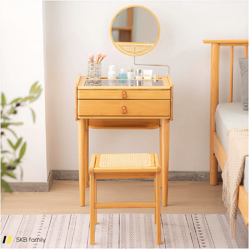 Bamboo Makeup Vanity Table With Stool And Rotating Mirror 240515-229184