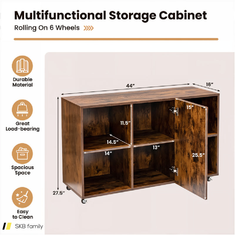 Wood Storage Cabinet With Wheels And 6 Compartments 240515-229191