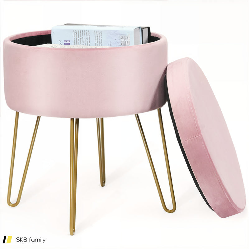 Round Velvet Storage Ottoman Footrest Stool Vanity Chair With Metal Legs 240515-229196