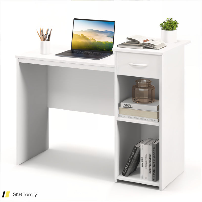 Computer Desk With Drawer Modern Laptop Pc Desk With Adjustable Shelf And Cable Hole 240515-229202