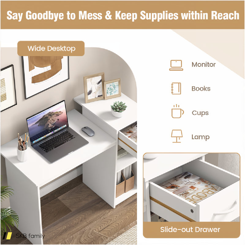 Computer Desk With Drawer Modern Laptop Pc Desk With Adjustable Shelf And Cable Hole 240515-229202