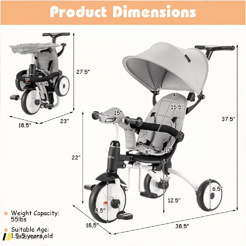 6-In-1 Foldable Baby Tricycle Toddler Stroller With Adjustable Handle 240515-229215