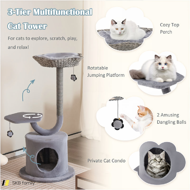 42 Inch Tall Cat Tower With Curved Metal Supporting Frame For Large And Small Cats 240515-229216