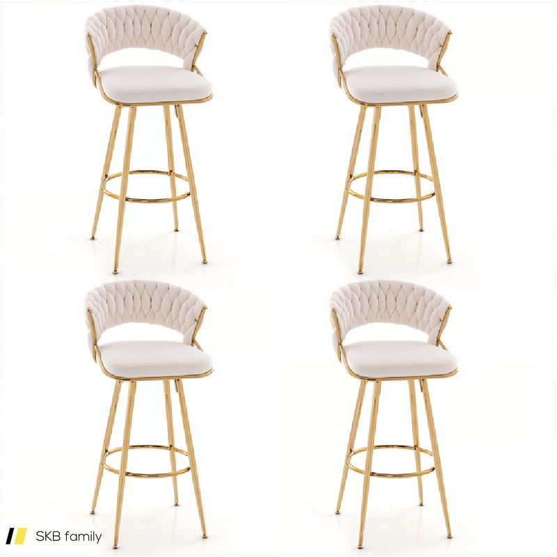 29 Inch Velvet Bar Stool Set Of 2 With Woven Backrest And Gold Metal Legs 240515-229218