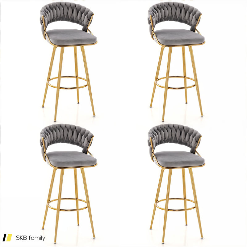 29 Inch Velvet Bar Stool Set Of 2 With Woven Backrest And Gold Metal Legs 240515-229218