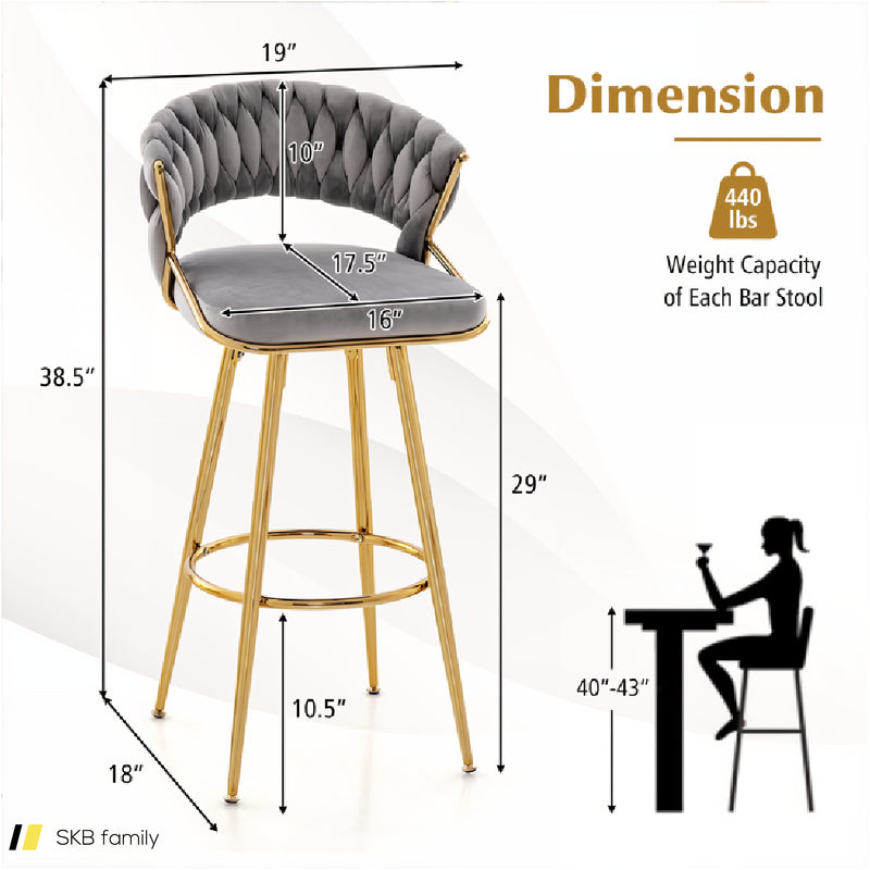 29 Inch Velvet Bar Stool Set Of 2 With Woven Backrest And Gold Metal Legs 240515-229218