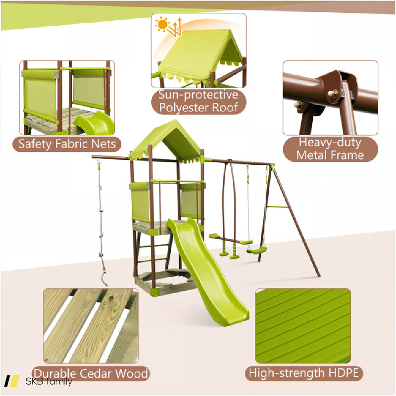 7-In-1 Kids Outdoor Metal Playset With Wave Slide And Climbing Rope 240515-229229