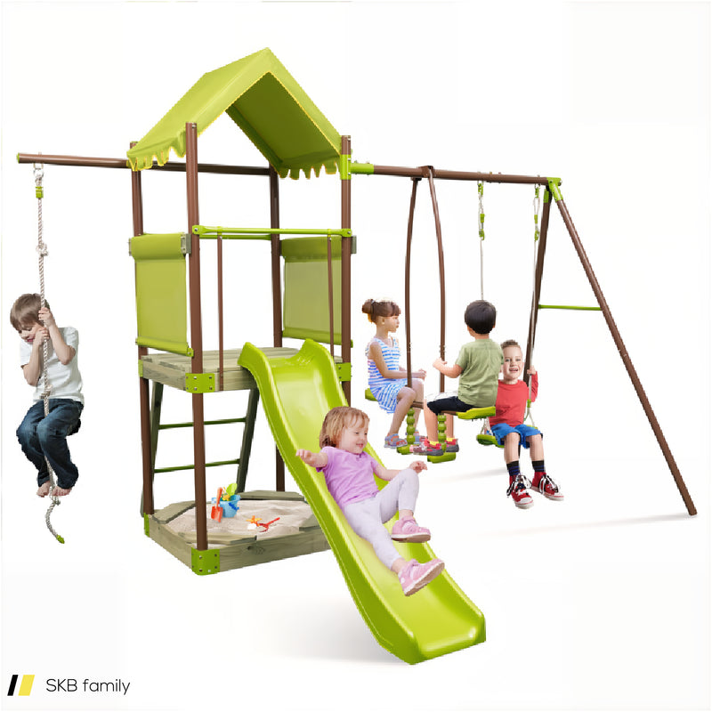 7-In-1 Kids Outdoor Metal Playset With Wave Slide And Climbing Rope 240515-229229