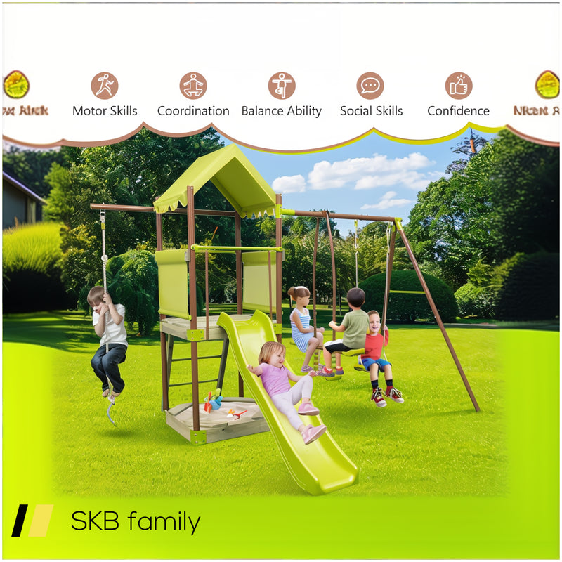 7-In-1 Kids Outdoor Metal Playset With Wave Slide And Climbing Rope 240515-229229