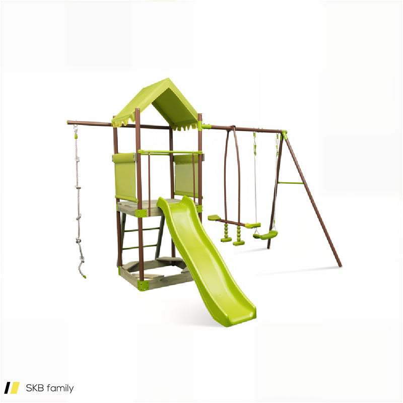 7-In-1 Kids Outdoor Metal Playset With Wave Slide And Climbing Rope 240515-229229