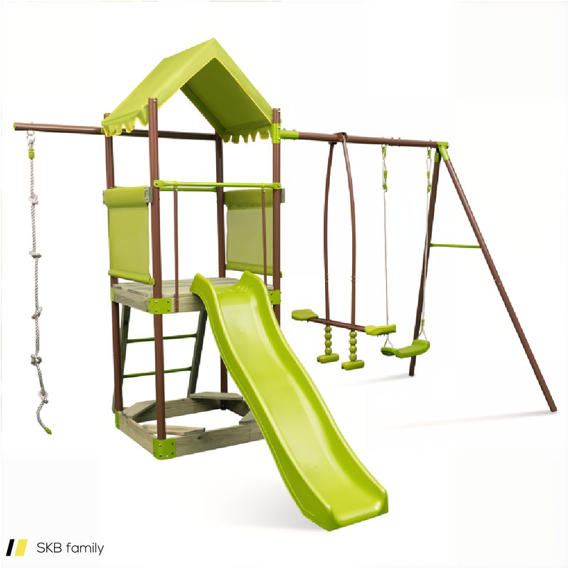 7-In-1 Kids Outdoor Metal Playset With Wave Slide And Climbing Rope 240515-229229