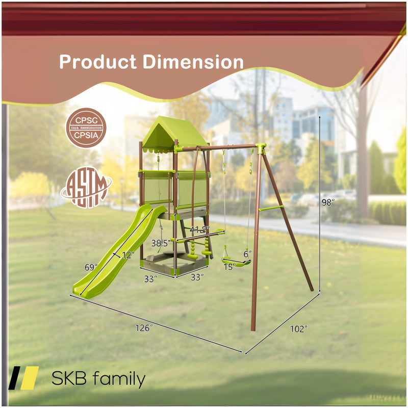 7-In-1 Kids Outdoor Metal Playset With Wave Slide And Climbing Rope 240515-229229