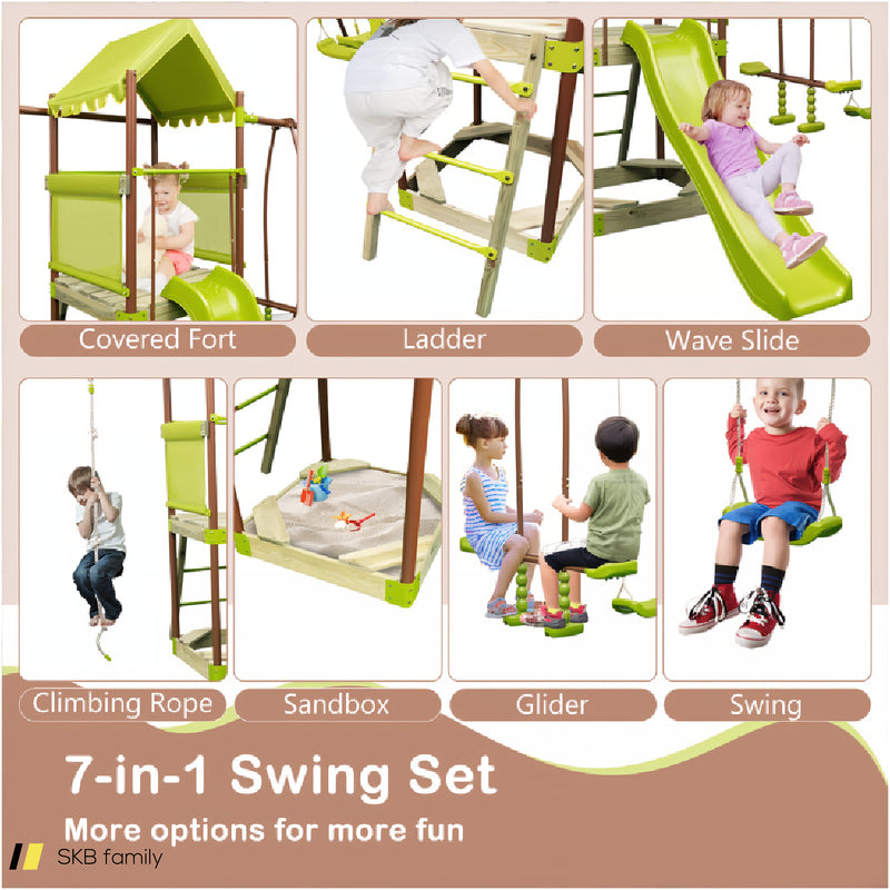 7-In-1 Kids Outdoor Metal Playset With Wave Slide And Climbing Rope 240515-229229