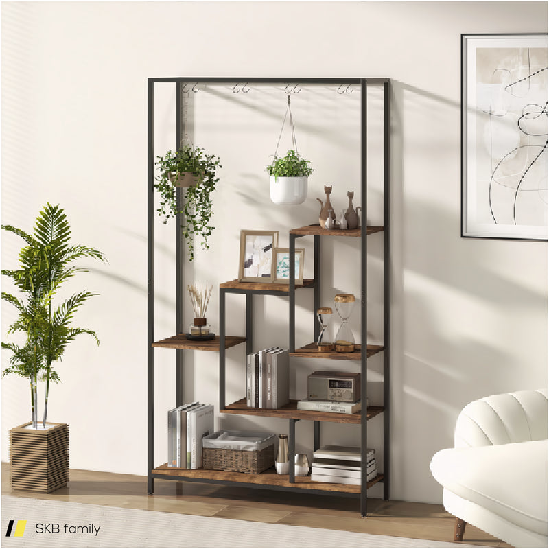 6-Tier Tall Plant Stand 71&Quot; Metal Indoor Plant Shelf With 10 Hanging Hooks 240515-229231