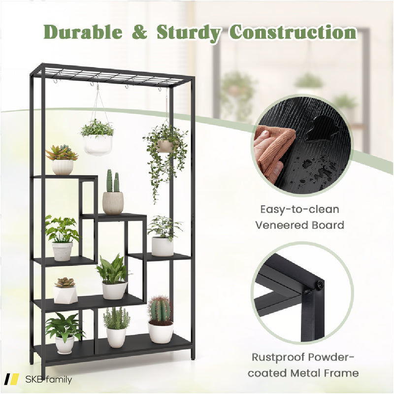 6-Tier Tall Plant Stand 71&Quot; Metal Indoor Plant Shelf With 10 Hanging Hooks 240515-229231