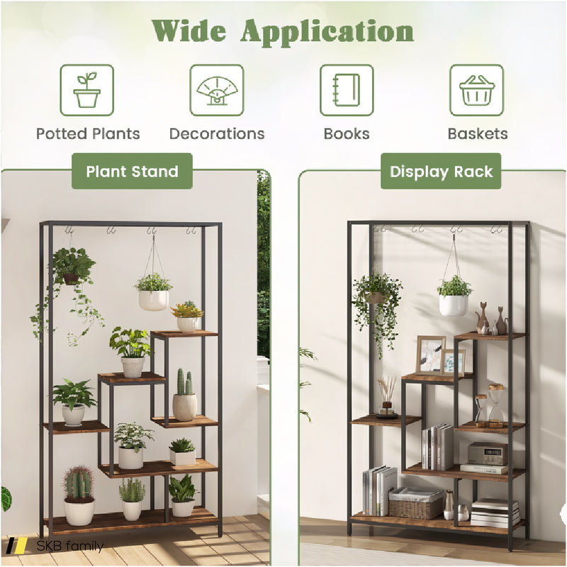 6-Tier Tall Plant Stand 71&Quot; Metal Indoor Plant Shelf With 10 Hanging Hooks 240515-229231