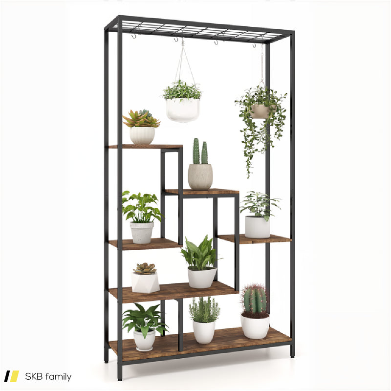 6-Tier Tall Plant Stand 71&Quot; Metal Indoor Plant Shelf With 10 Hanging Hooks 240515-229231