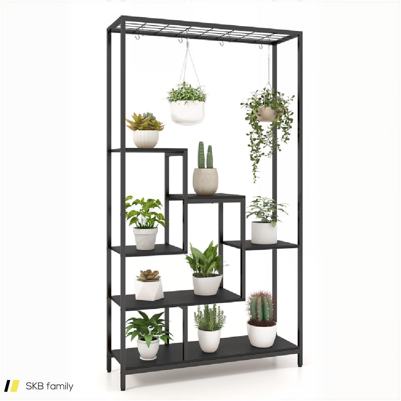 6-Tier Tall Plant Stand 71&Quot; Metal Indoor Plant Shelf With 10 Hanging Hooks 240515-229231