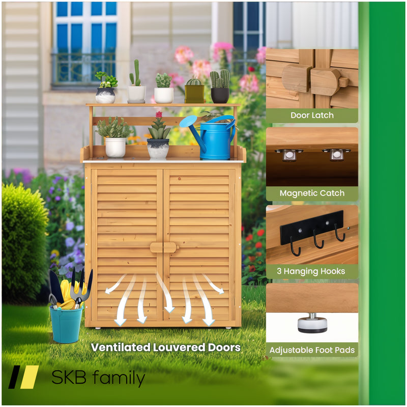 Outdoor Potting Bench Workstation Table With Galvanized Metal Countertop For Garden 240515-229241