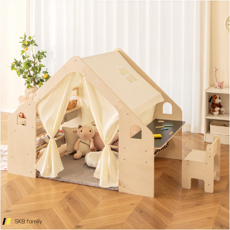 6-In-1 Kids Play Tent Playhouse With Blackboard 6 Storage Bins And Floor Cushion 240515-229256