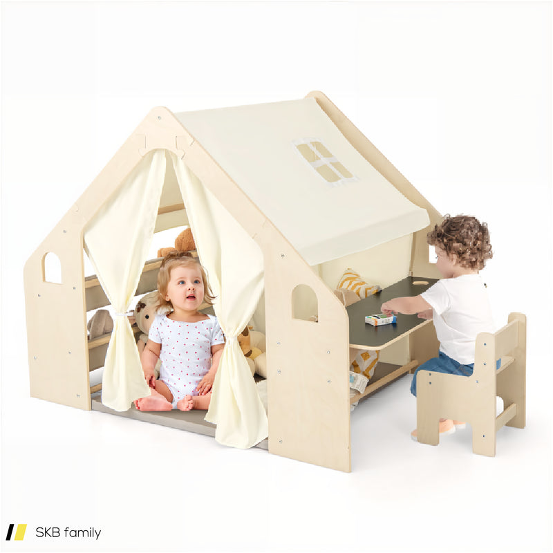 6-In-1 Kids Play Tent Playhouse With Blackboard 6 Storage Bins And Floor Cushion 240515-229256