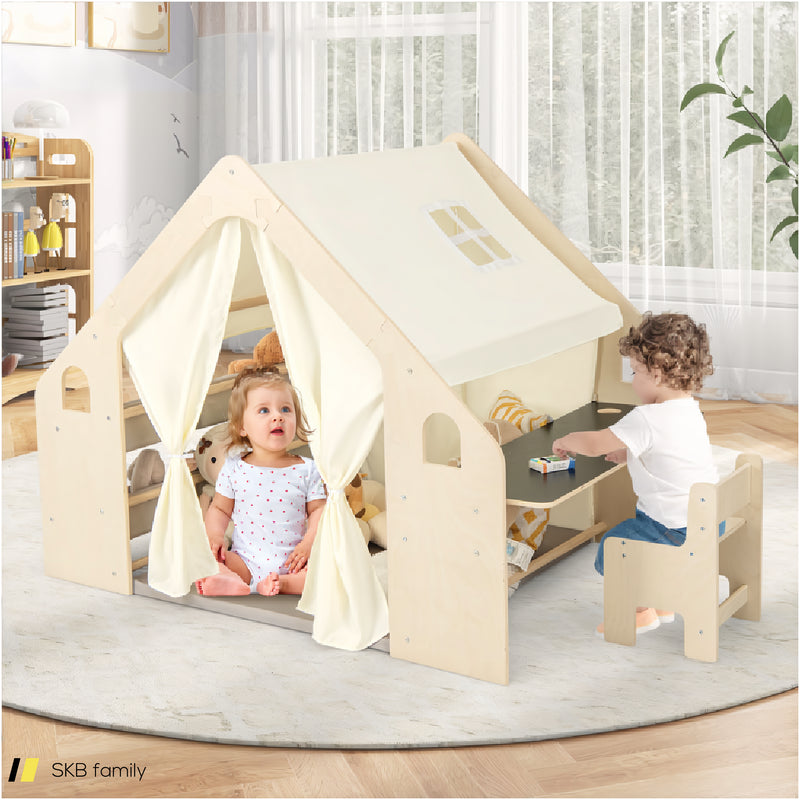 6-In-1 Kids Play Tent Playhouse With Blackboard 6 Storage Bins And Floor Cushion 240515-229256