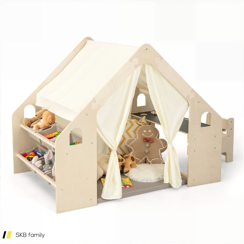 6-In-1 Kids Play Tent Playhouse With Blackboard 6 Storage Bins And Floor Cushion 240515-229256