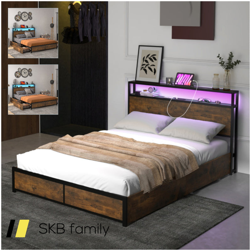 Full/Queen Size Bed Frame With Smart Led Lights And Storage Drawers 240615-229269