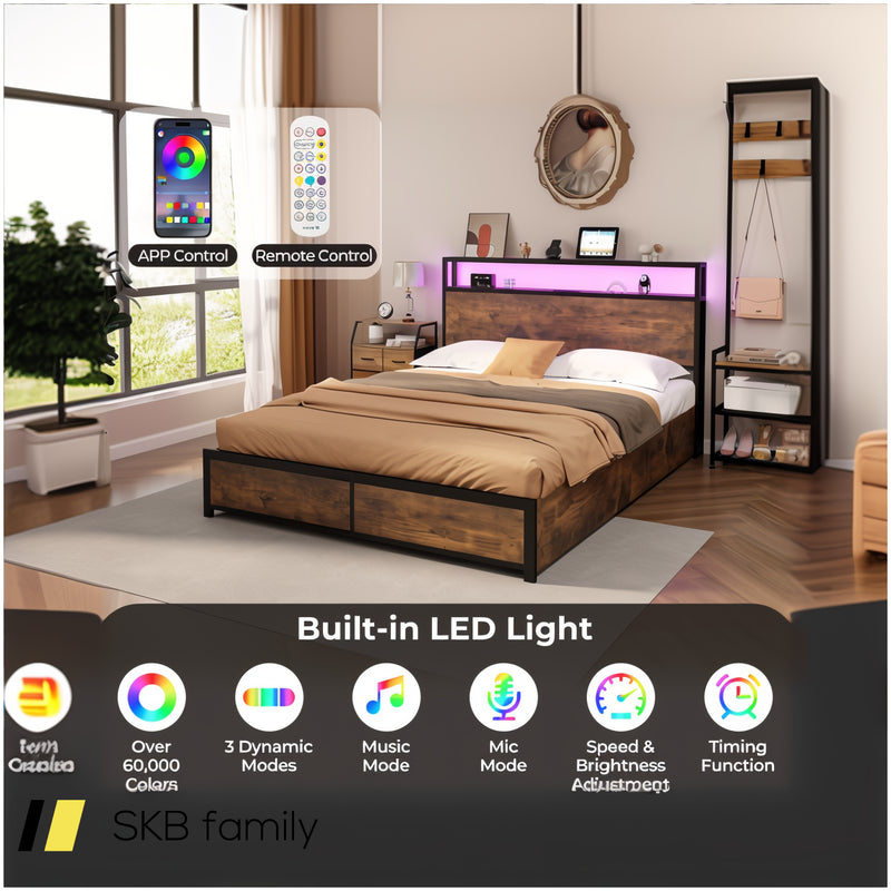 Full/Queen Size Bed Frame With Smart Led Lights And Storage Drawers 240615-229269